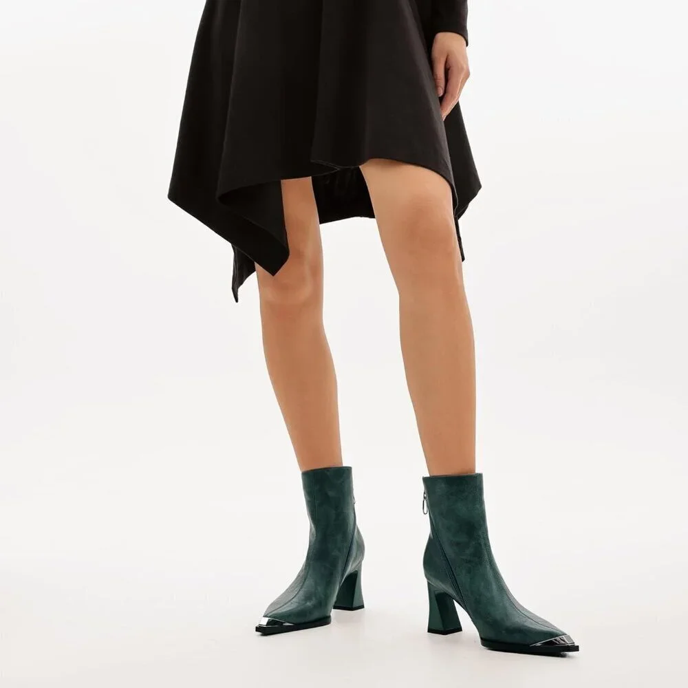 Women's Green Metal Toe Side Zipper Chunky Block Heels Comfortable Short Boots